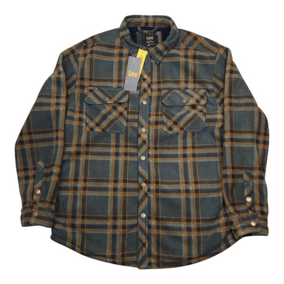 Lee Men XL Plaid Sherpa Lined Shirt Jacket Shacket Regular Fit Olive Green - Picture 1 of 14